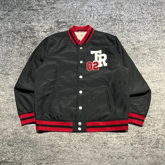 True Religion 02 Varsity Bomber Jacket‎ Mens 3XL Black Red Grunge Hip-Hop